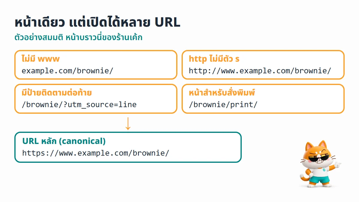 ไดอะแกรมหน้าบราวนี่หน้าเดียวที่เปิดได้จาก 5 URL ทั้งแบบไม่มี www แบบ http แบบมี utm และหน้าพิมพ์ แล้วรวมเป็น canonical URL เดียว