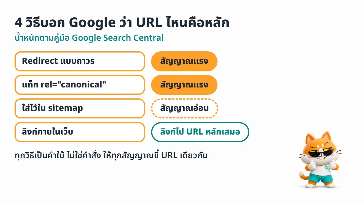 เปรียบเทียบ 4 วิธีบอก canonical คือ redirect และแท็ก rel canonical เป็นสัญญาณแรง sitemap เป็นสัญญาณอ่อน และลิงก์ภายในควรชี้ URL หลัก