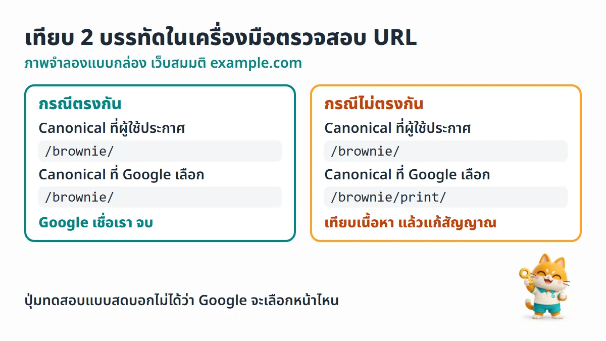 ภาพจำลองแบบกล่องเรียบๆ เทียบบรรทัด Canonical ที่ผู้ใช้ประกาศ กับ Canonical ที่ Google เลือก ในเครื่องมือตรวจสอบ URL กรณีตรงกันและไม่ตรงกัน