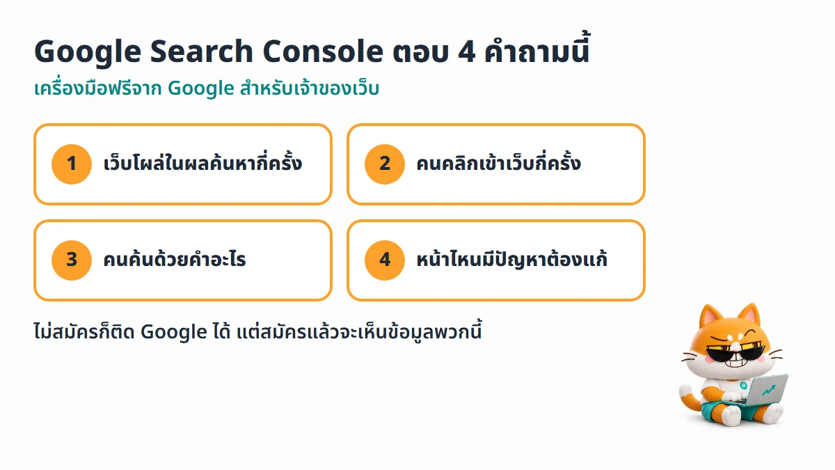 ไดอะแกรม Google Search Console บอกเจ้าของเว็บว่าเว็บโผล่ในผลค้นหากี่ครั้ง มีคนคลิกกี่ครั้ง ค้นคำอะไร และมีปัญหาอะไร