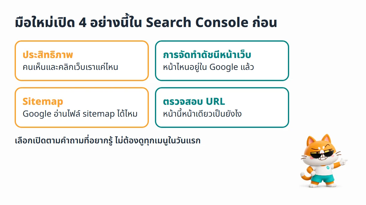 4 รายงานแรกใน Search Console สำหรับมือใหม่ ได้แก่ ประสิทธิภาพ การจัดทำดัชนีหน้าเว็บ Sitemap และตรวจสอบ URL พร้อมคำถามที่แต่ละรายงานตอบ