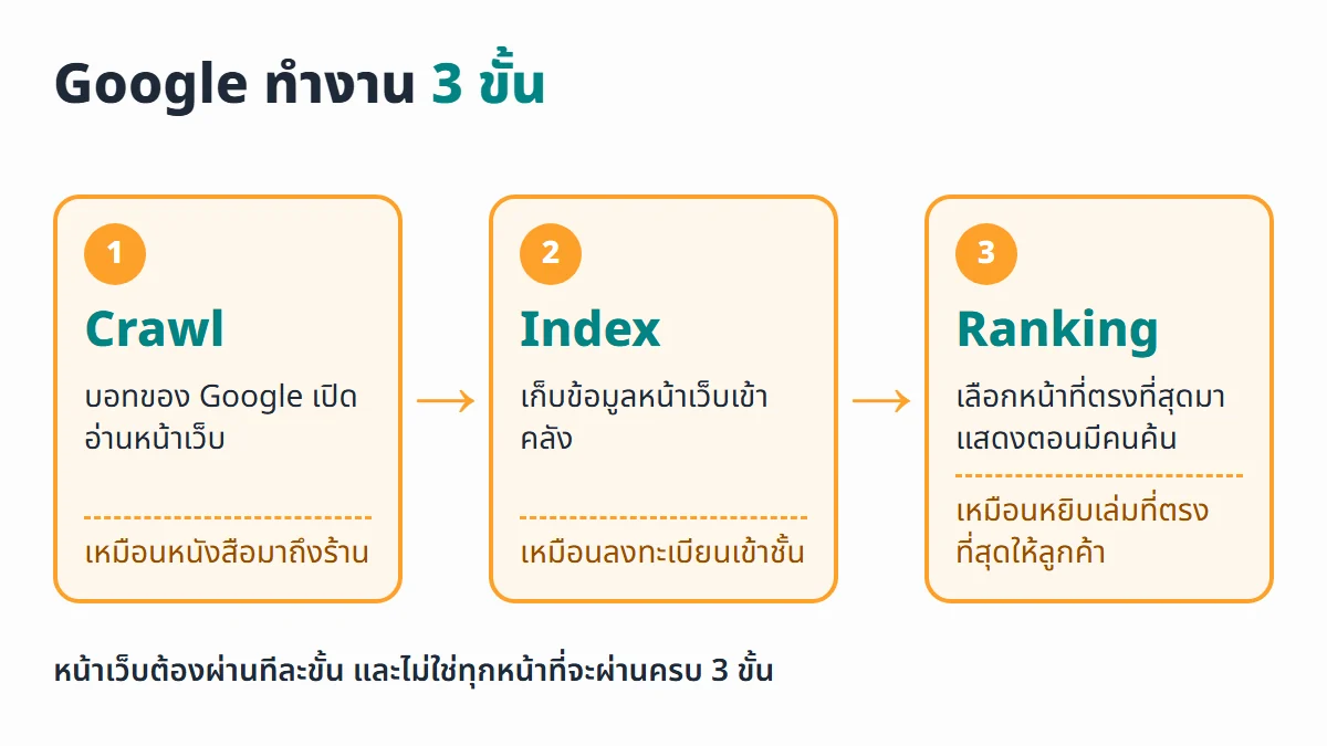 ไดอะแกรม 3 ขั้นการทำงานของ Google คือ Crawl บอทเปิดอ่านหน้าเว็บ Index เก็บข้อมูลเข้าคลัง และ Ranking เลือกหน้าที่ตรงที่สุดมาแสดงตอนมีคนค้น