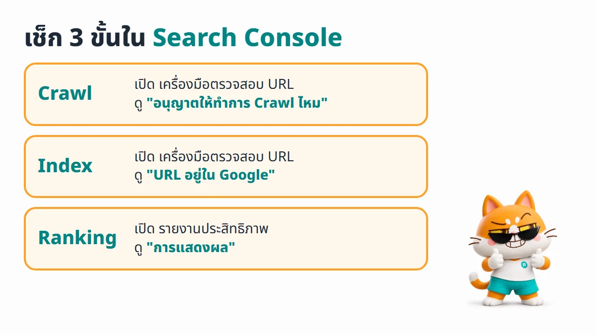 เช็กลิสต์ 3 ขั้นใน Google Search Console ขั้น Crawl ดูช่องอนุญาตให้ทำการ Crawl ไหม ขั้น Index ดูสถานะ URL อยู่ใน Google ขั้น Ranking ดูการแสดงผลในรายงานประสิทธิภาพ