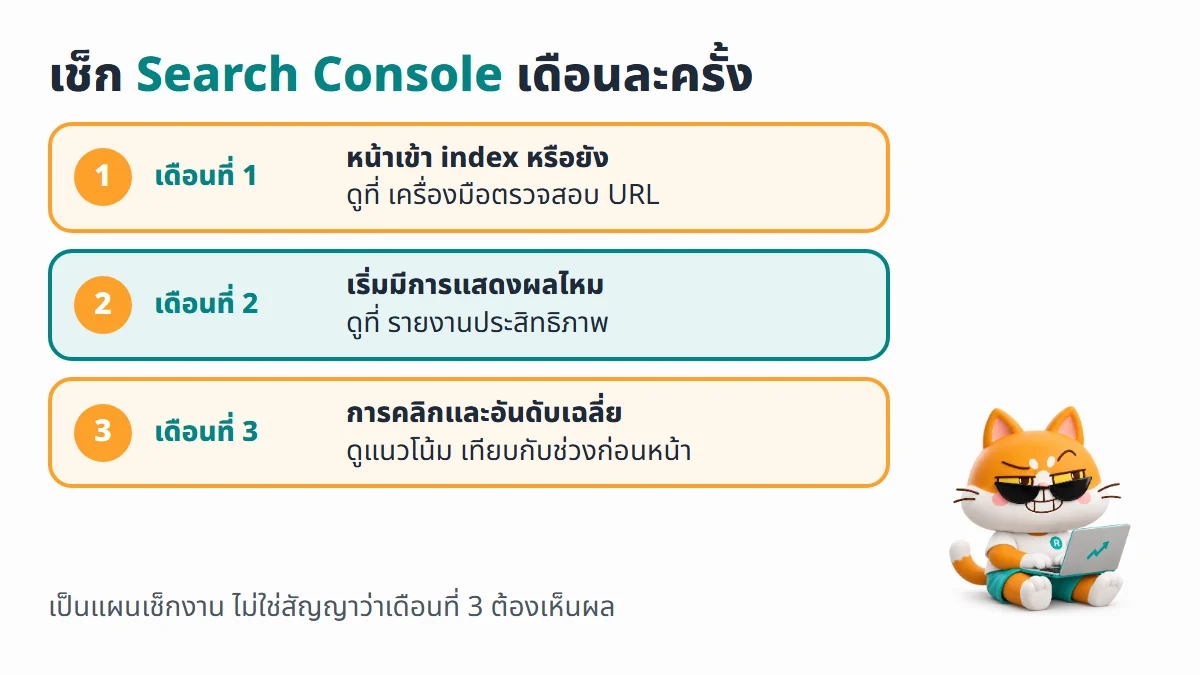 เช็กลิสต์ 3 เดือนใน Google Search Console เดือนที่ 1 ดูว่าหน้าเข้า index หรือยัง เดือนที่ 2 ดูการแสดงผลในรายงานประสิทธิภาพ เดือนที่ 3 ดูแนวโน้มการคลิก CTR และอันดับเฉลี่ย