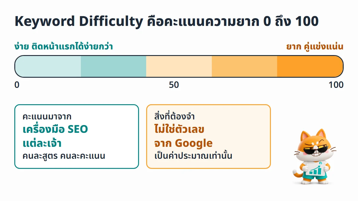 ไม้บรรทัดคะแนน Keyword Difficulty จาก 0 ถึง 100 ฝั่งซ้ายง่าย ฝั่งขวายาก พร้อมป้ายบอกว่าคะแนนมาจากเครื่องมือ SEO แต่ละเจ้า ไม่ได้มาจาก Google