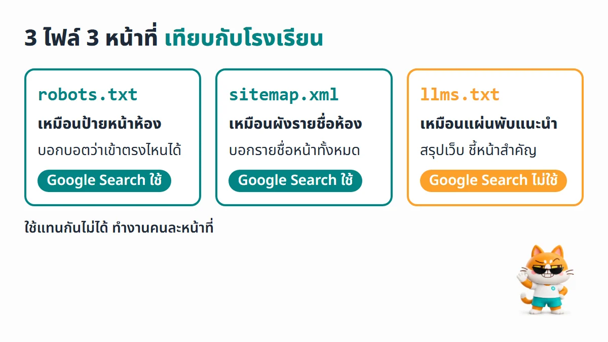 เปรียบเทียบ robots.txt เป็นป้ายห้ามเข้า sitemap.xml เป็นผังรายชื่อห้อง และ llms.txt เป็นแผ่นพับแนะนำ