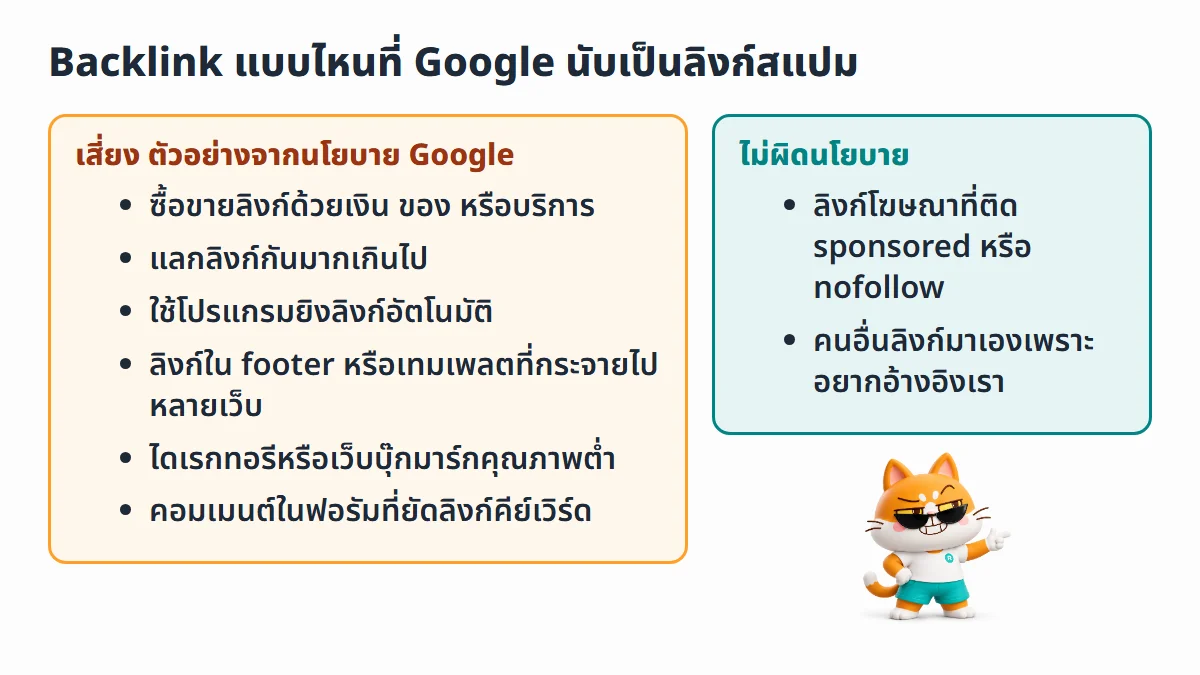 ไดอะแกรมเทียบ Backlink ที่เสี่ยงตามตัวอย่างลิงก์สแปมในนโยบาย Google 6 แบบ กับลิงก์ที่ไม่ผิดนโยบาย คือลิงก์โฆษณาที่ติด sponsored หรือ nofollow และลิงก์ที่คนอื่นให้เอง