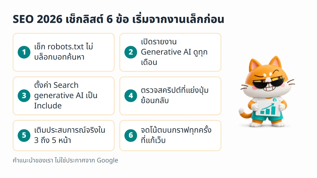 เช็กลิสต์ 6 ข้อสำหรับ SEO 2026 ตั้งแต่เช็ก robots.txt เปิดรายงาน Generative AI จนถึงจดโน้ตบนกราฟ