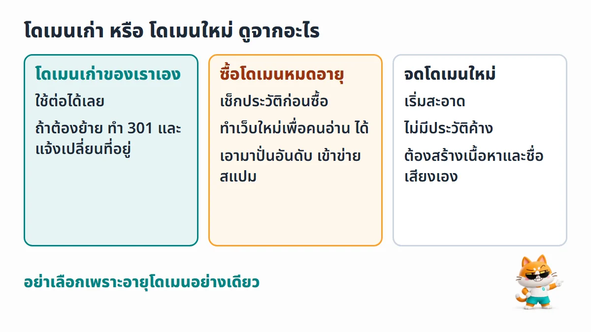 ภาพเทียบ 3 ทางเลือก โดเมนเก่าของเราเองใช้ต่อได้ ซื้อโดเมนหมดอายุต้องเช็กประวัติและห้ามเอามาปั่นอันดับ จดโดเมนใหม่เริ่มสะอาดแต่ต้องสร้างชื่อเสียงเอง