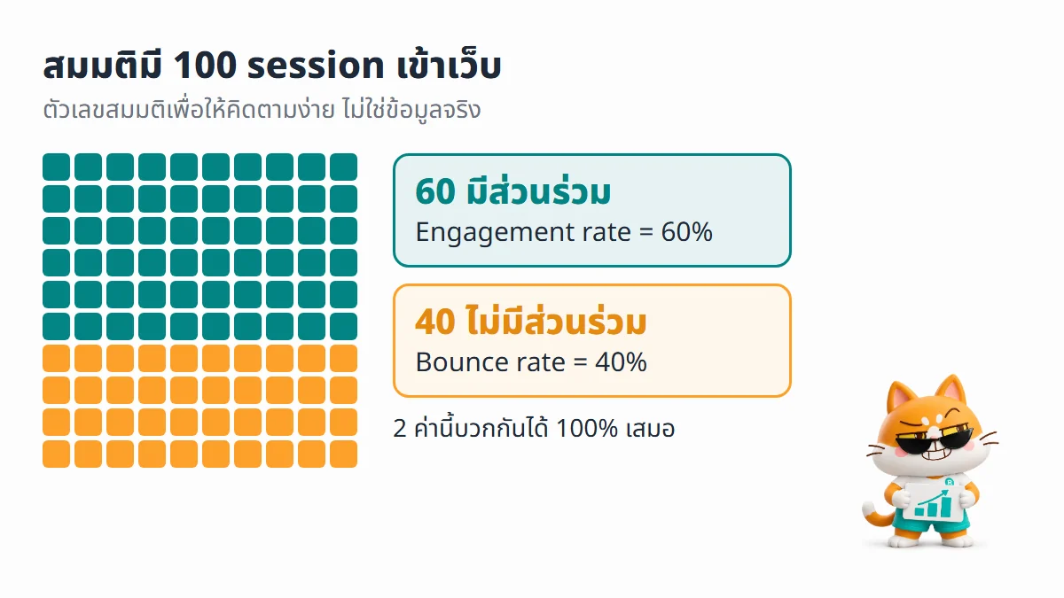 แผนภาพตัวเลขสมมติ 100 session แบ่งเป็น 60 session ที่มีส่วนร่วม คือ engagement rate 60 เปอร์เซ็นต์ และ 40 session ที่ไม่มีส่วนร่วม คือ bounce rate 40 เปอร์เซ็นต์