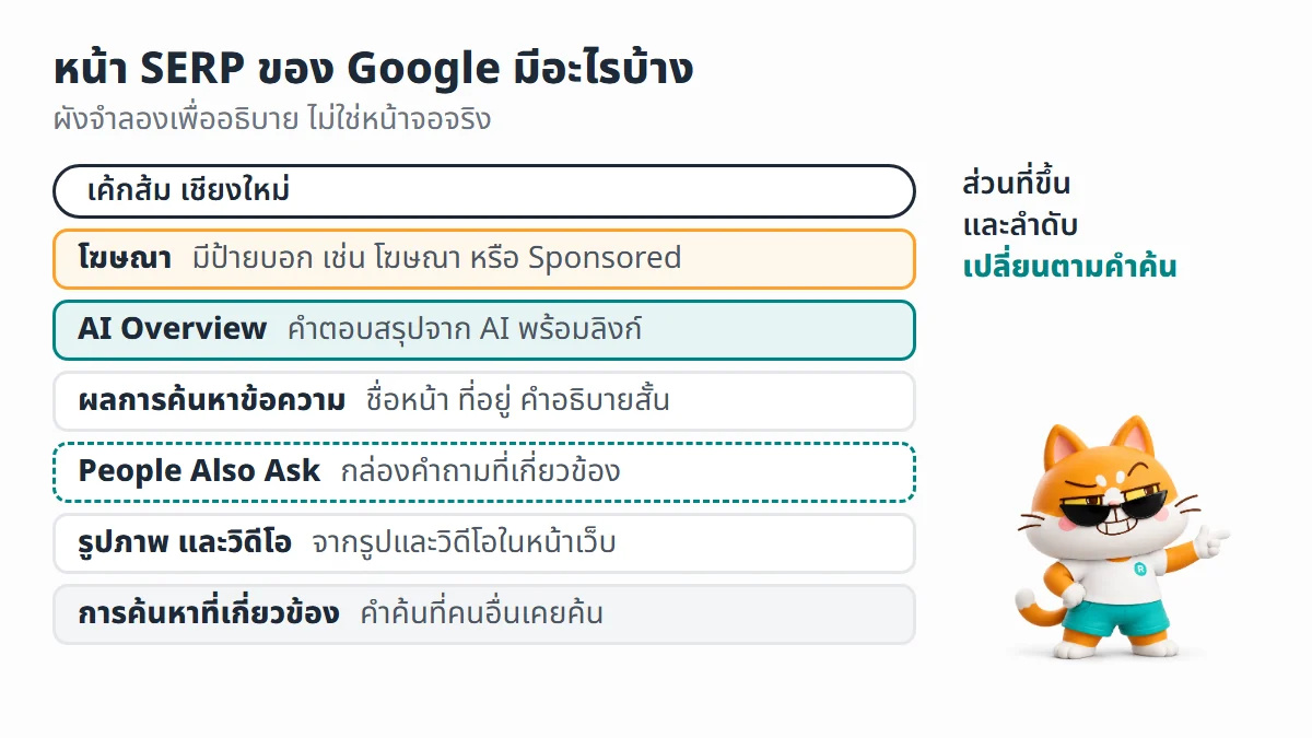 ผังจำลองหน้า SERP ของ Google เรียงจากช่องค้นหา โฆษณา AI Overview ผลการค้นหาข้อความ กล่อง People Also Ask ผลรูปภาพและวิดีโอ ไปจนถึงการค้นหาที่เกี่ยวข้อง